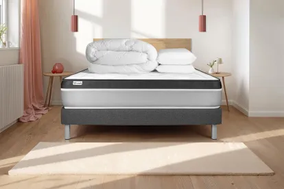 Pack lit complet 140x190 cm - Matelas + Sommier Gris (en kit) + 2 oreillers + Couette - Vital Ergo