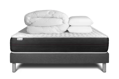 Pack lit complet 180x200 cm - Matelas + Sommier Gris (en kit) + 2 oreillers + Couette - Vitalspring