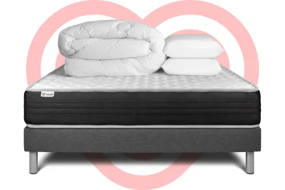 Pack lit complet 160x200 cm - Matelas + Sommier Gris (en kit) + 2 oreillers + Couette - Vitalmemo One