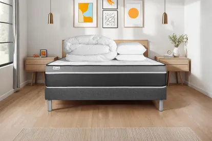Pack lit complet 140x190 cm - Matelas + Sommier Gris (en kit) + 2 oreillers + Couette - Vital Care