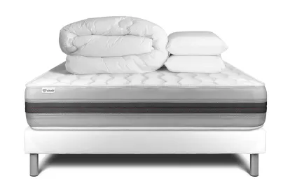 Pack lit complet 160x200 cm - Matelas + Sommier Blanc (en kit) + 2 oreillers + Couette - Vitalspring Recover