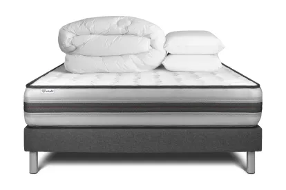 Pack lit complet 140x200 cm - Matelas + Sommier Gris (en kit) + 2 oreillers + Couette - Vitalpower Recover