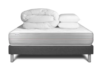 Pack lit complet 200x200 cm - Matelas + Sommier Gris (en kit) + 2 oreillers + Couette - Vitalmemo