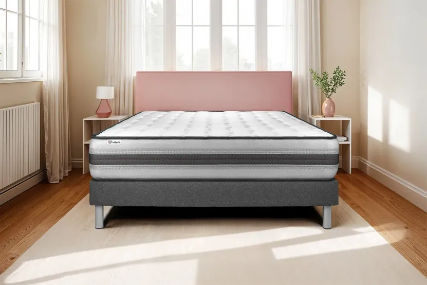 Ensemble Matelas Sommier 160x190 cm - Sommier Gris (en kit) - Vitalpower Recover