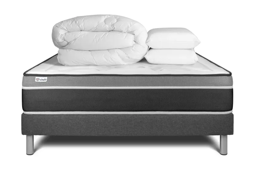 Pack lit complet 200x200 cm - Matelas + Sommier Gris (en kit) + 2 oreillers + Couette - Vital Care