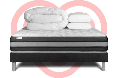 Pack lit complet 140x190 cm - Matelas + Sommier Noir (en kit) + 2 oreillers + Couette - Vitalspring Zen